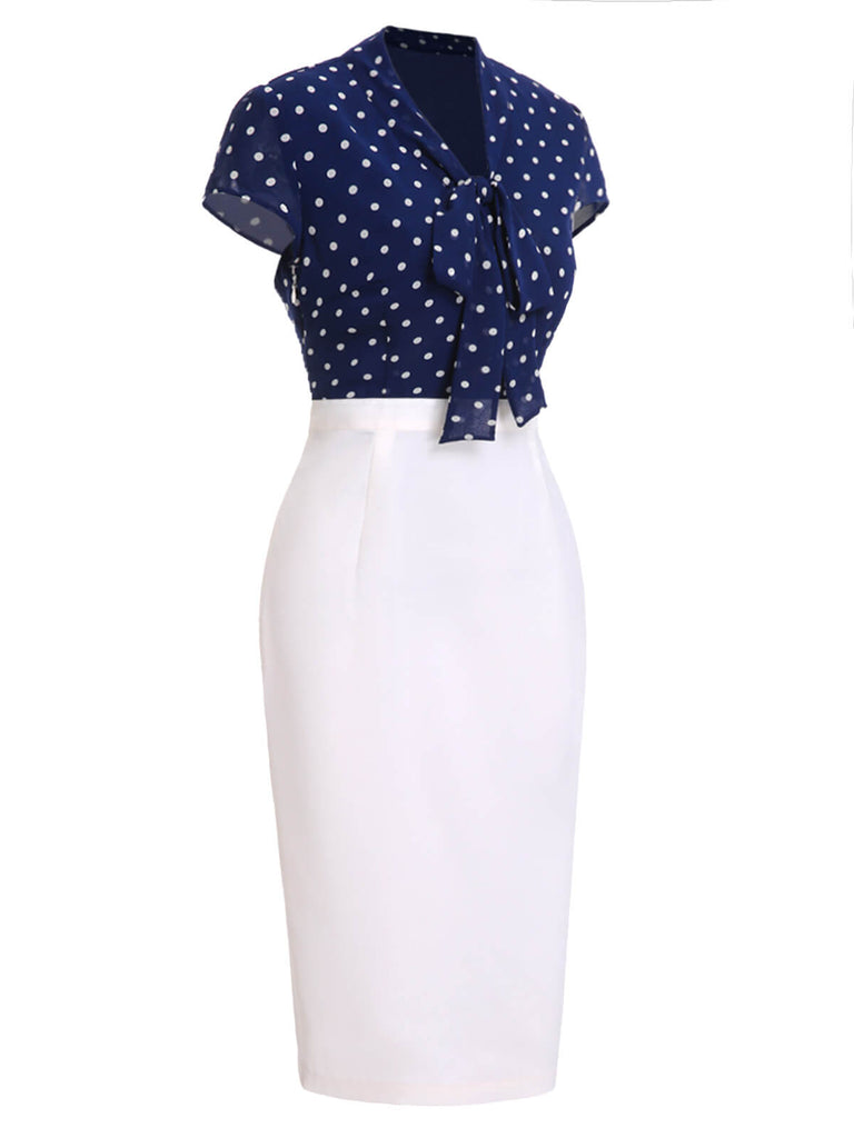 Blau & Weiß 1960er Polka Dot Langen Ärmeln Kleid
