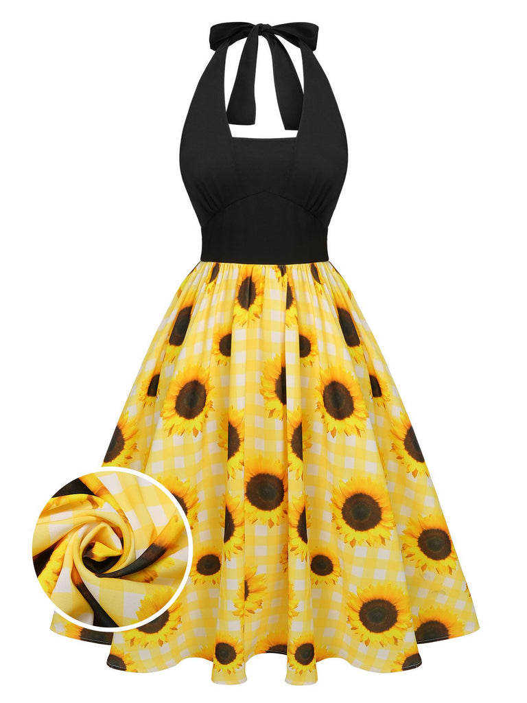 [Vorverkauf] Gelb 1950er Sonnenblume Kariert Halter Kleid