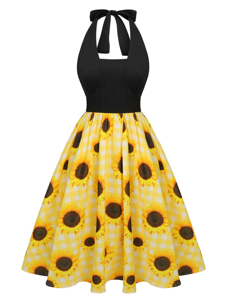 [Vorverkauf] Gelb 1950er Sonnenblume Kariert Halter Kleid