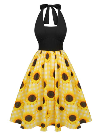 [Vorverkauf] Gelb 1950er Sonnenblume Kariert Halter Kleid