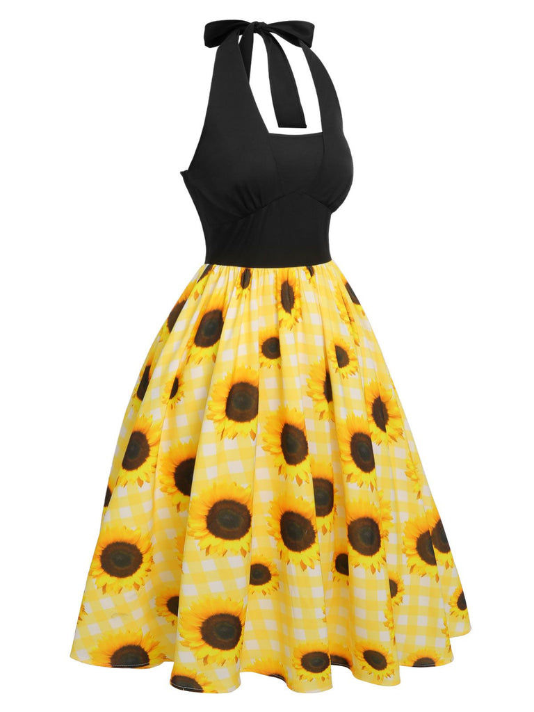 [Vorverkauf] Gelb 1950er Sonnenblume Kariert Halter Kleid