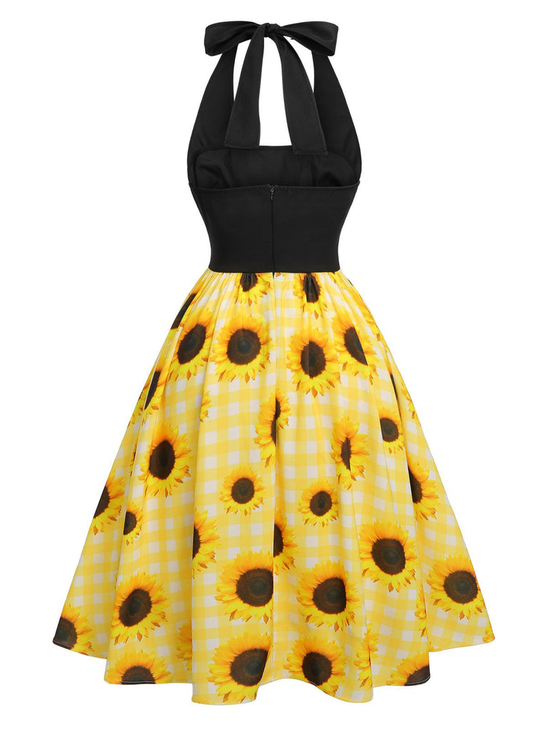 [Vorverkauf] Gelb 1950er Sonnenblume Kariert Halter Kleid