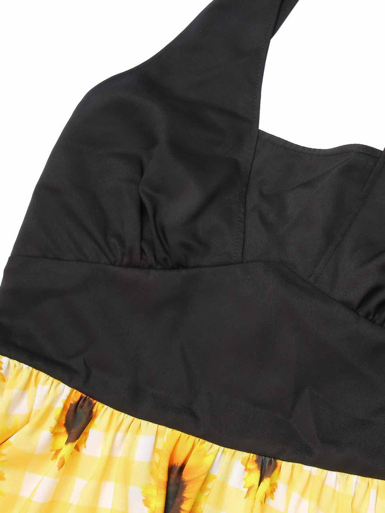 [Vorverkauf] Gelb 1950er Sonnenblume Kariert Halter Kleid