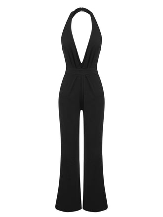 Schwarz 1930er Halter V-Ausschnitt Tiefem Jumpsuit