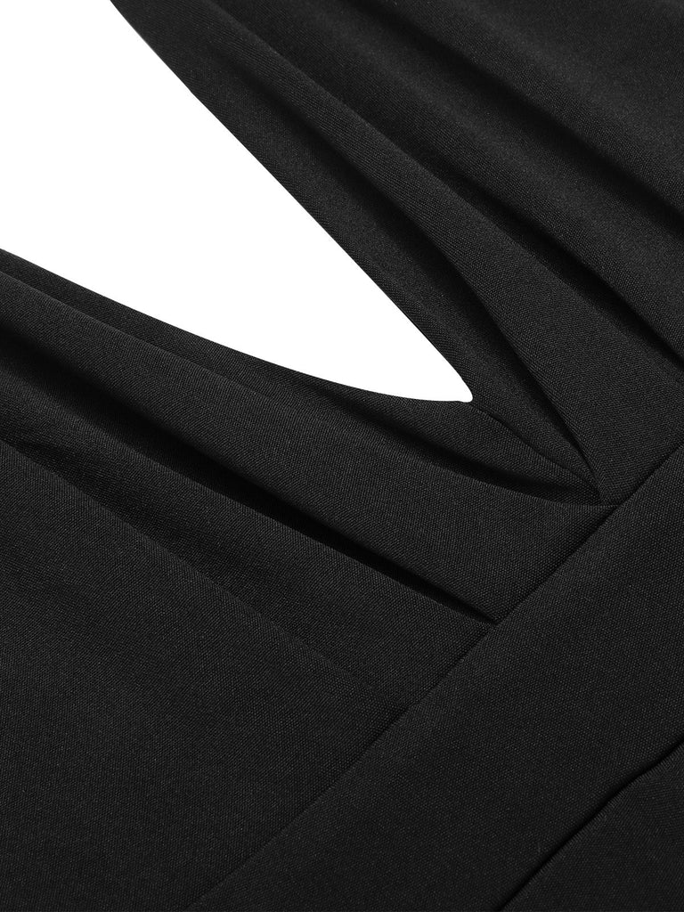 Schwarz 1930er Halter V-Ausschnitt Tiefem Jumpsuit