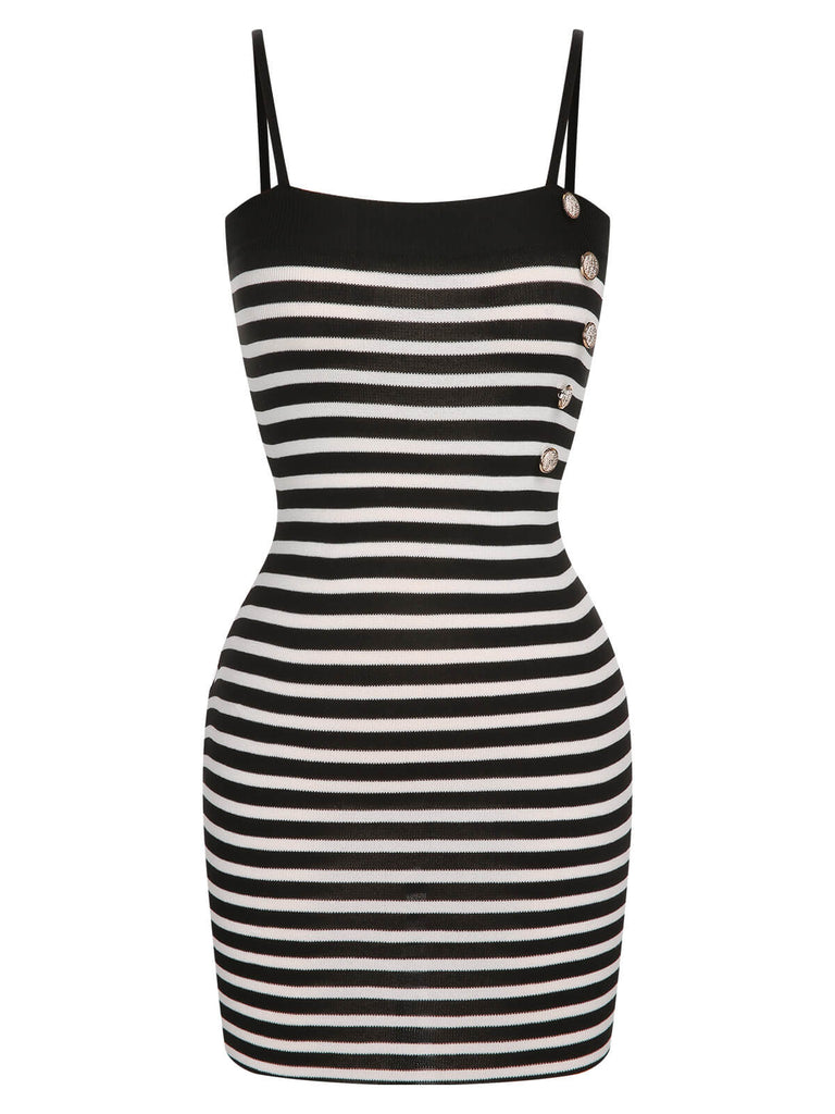 2PCS 1960er Schwarz Weiß Gestreiftes Strick Trägerkleid & Strickjacke