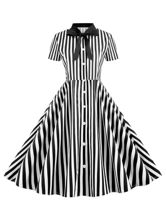 1950er Bogen Kragen Streifen Punkten Swing Kleid