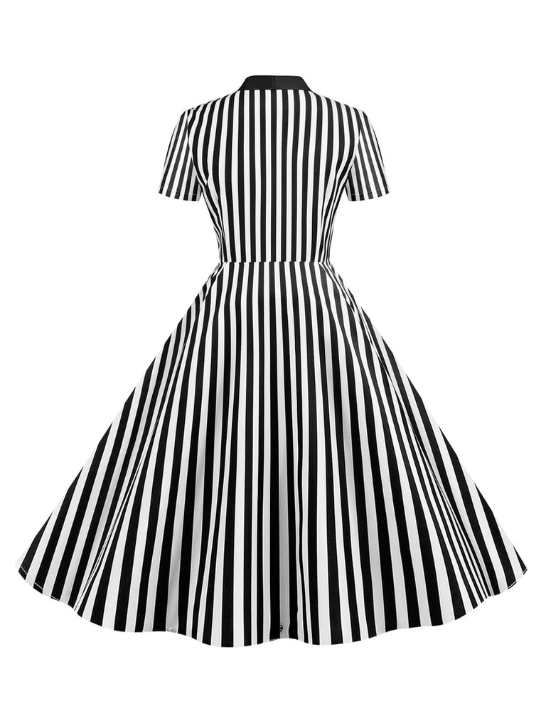 1950er Bogen Kragen Streifen Punkten Swing Kleid