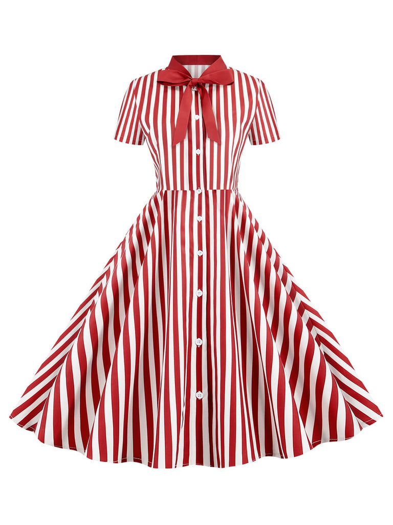 1950er Bogen Kragen Streifen Punkten Swing Kleid