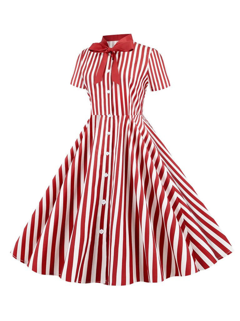 1950er Bogen Kragen Streifen Punkten Swing Kleid