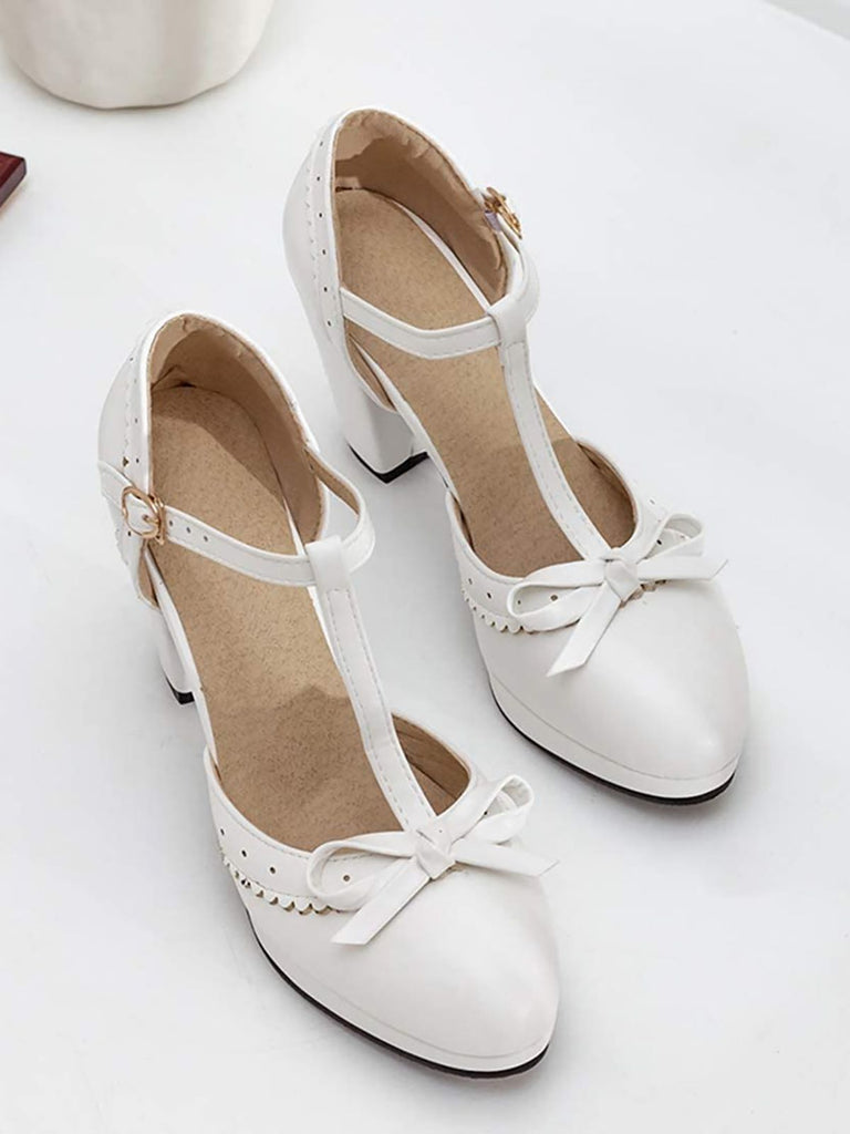 Hellblau Retro Bogen T-Gurt Hoher Absatz Schuhe