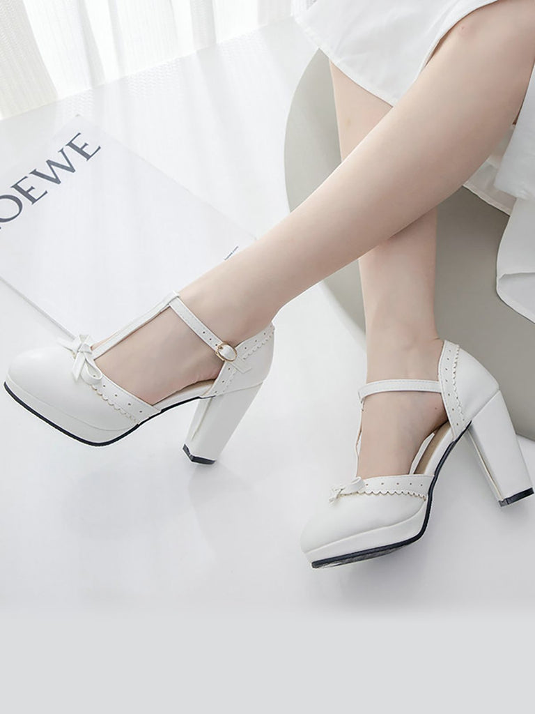 Schwarz Retro Bogen T-Gurt Hoher Absatz Schuhe