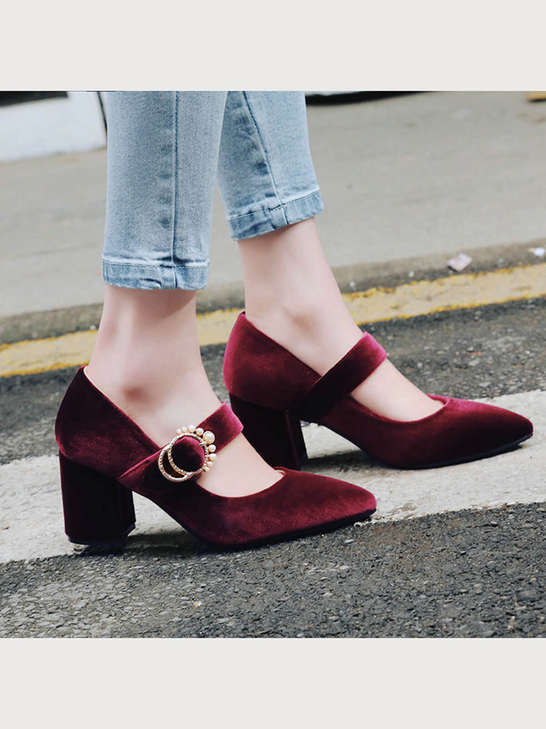Winerot VELVET MARY JANE HIGH HEEL SCHUHE MIT SCHNALLENBLOCK