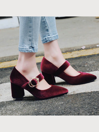 Winerot VELVET MARY JANE HIGH HEEL SCHUHE MIT SCHNALLENBLOCK