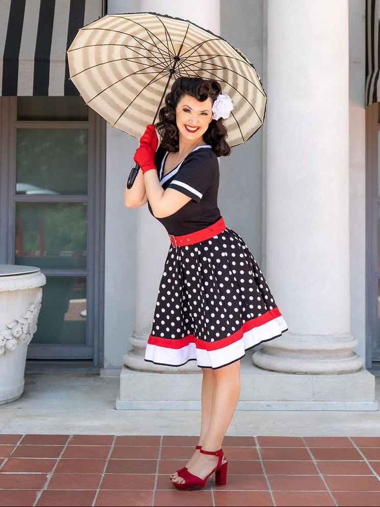 Schwarz 1950er Punkt Druck Patchwork Kleid