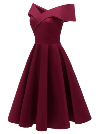 Weinrot 1950er Solide Schulterfrei Swing Kleid
