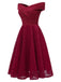 WEINROT 1950ER SCHULTERFREI BLUMEN SPITZE SWING KLEID