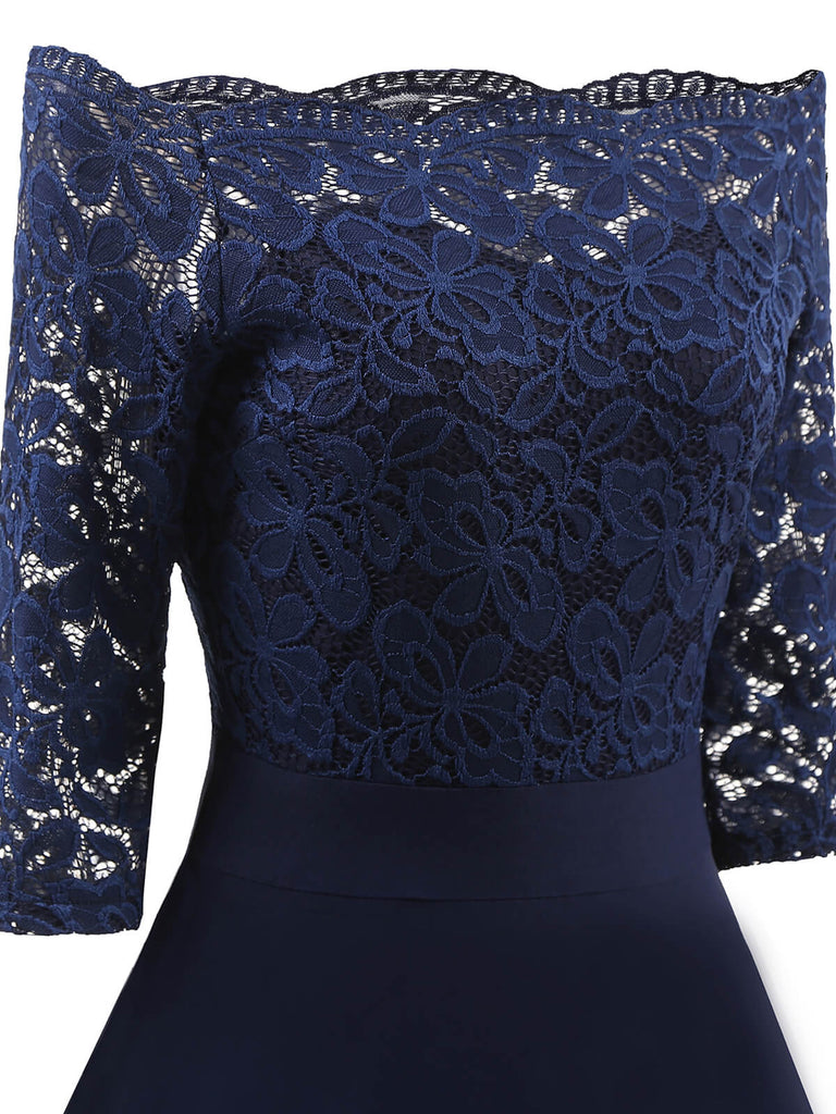 Dunkelblau 1950ER SPITZE SCHULTERFREIES KLEID