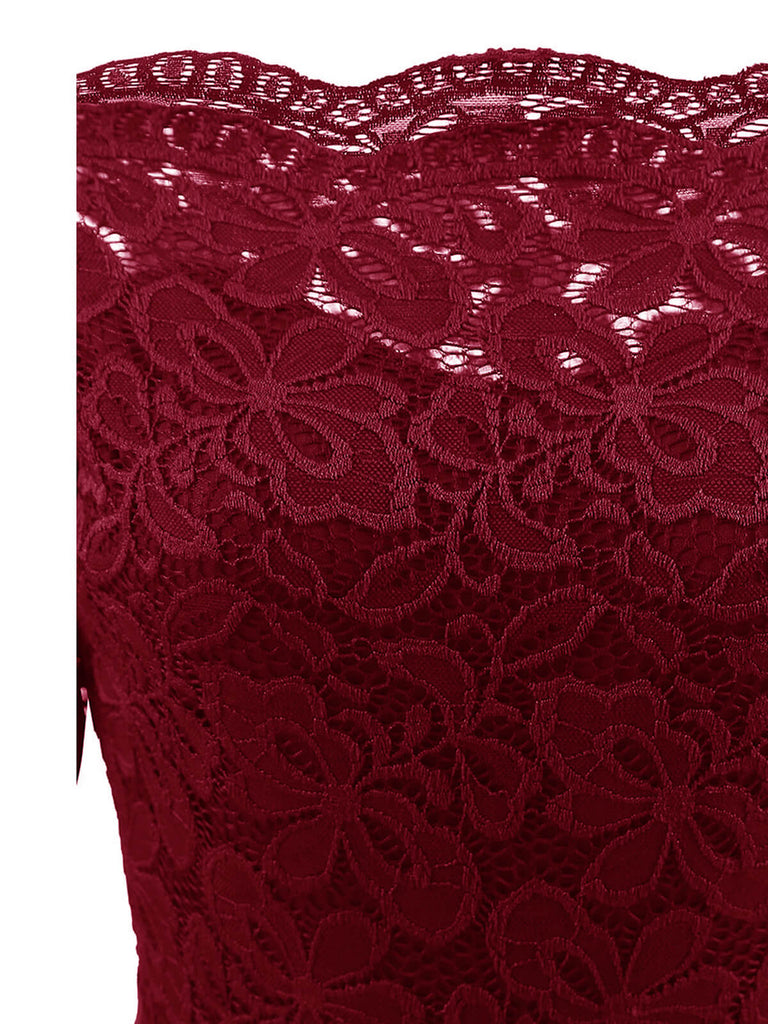 Weinrot 1950ER SPITZE SCHULTERFREIES KLEID