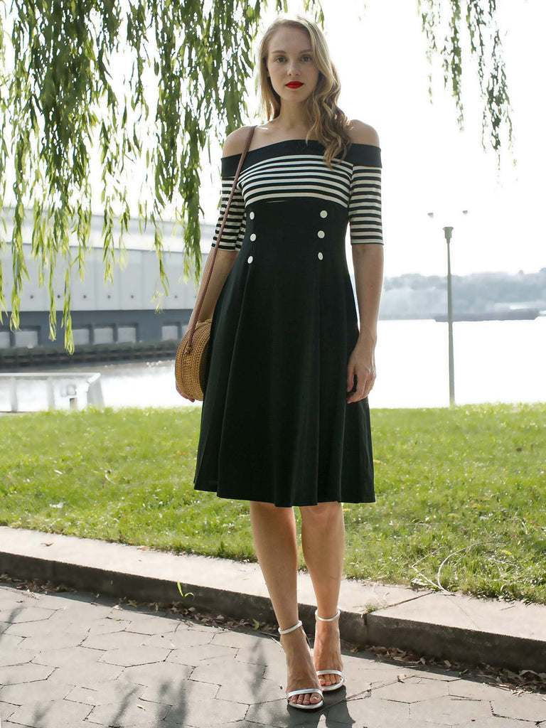 SCHWARZ 1950ER STREIFEN SCHULTERFREIES KLEID