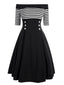 SCHWARZ 1950ER STREIFEN SCHULTERFREIES KLEID