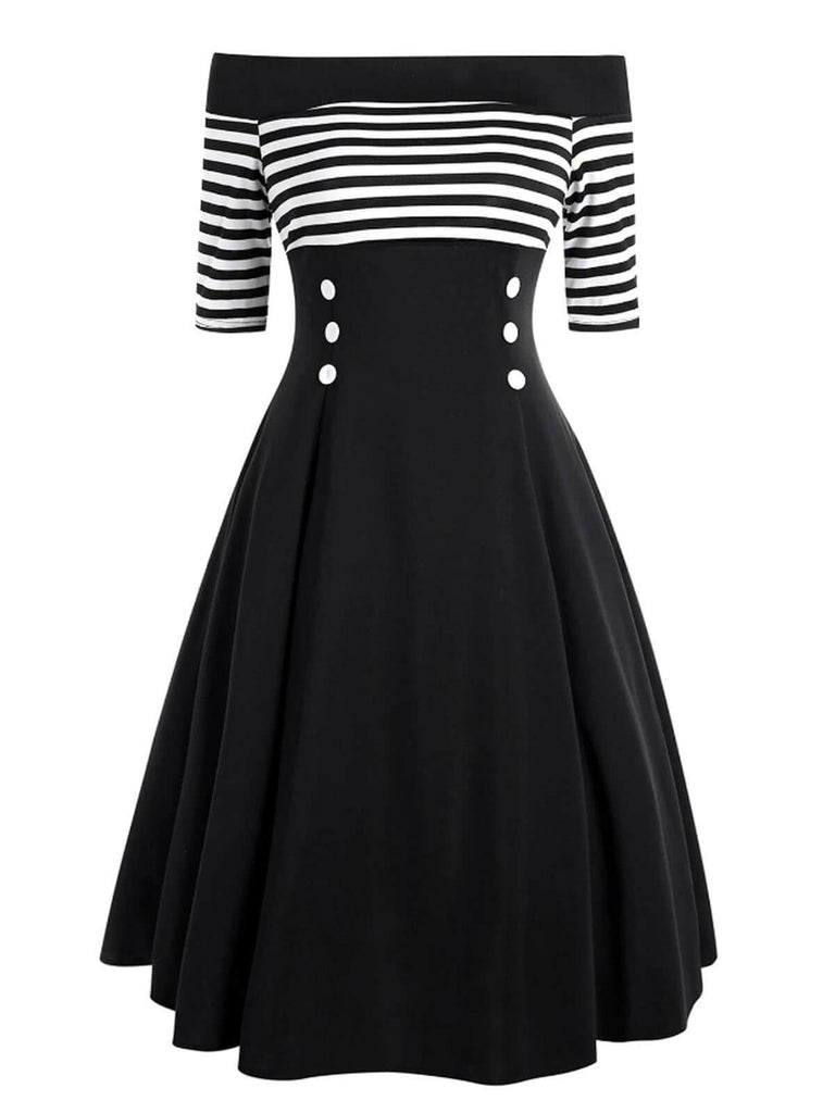 1950ER STREIFEN SCHULTERFREI PATCHWORK SWING KLEID