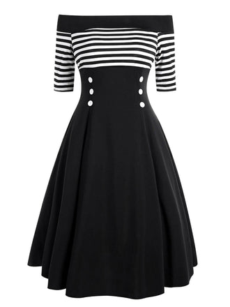 1950ER STREIFEN SCHULTERFREI PATCHWORK SWING KLEID