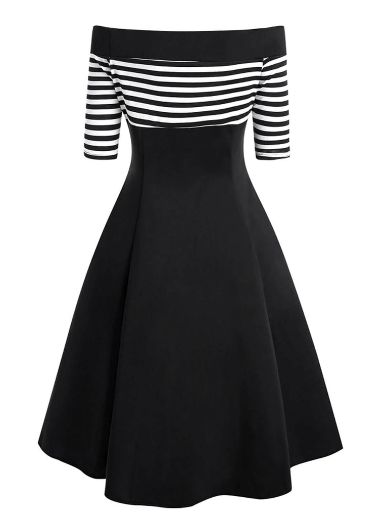 SCHWARZ 1950ER STREIFEN SCHULTERFREIES KLEID