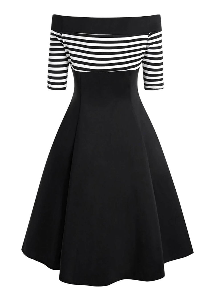1950ER STREIFEN SCHULTERFREI PATCHWORK SWING KLEID