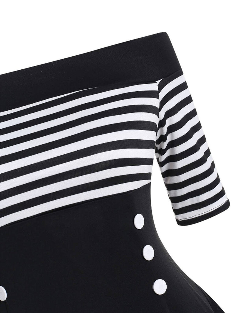 SCHWARZ 1950ER STREIFEN SCHULTERFREIES KLEID