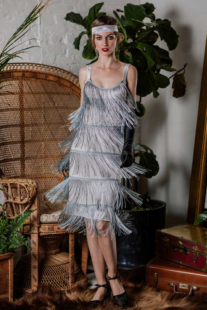 GRAU 1920ER FRINGE GROßE GATSBY KLEID MIT GÜRTEL