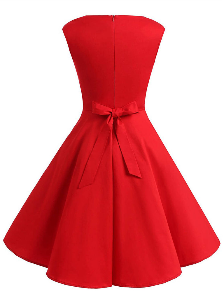 Rot 1950er Bogen Herzförmiger Hals Swing Party Kleid