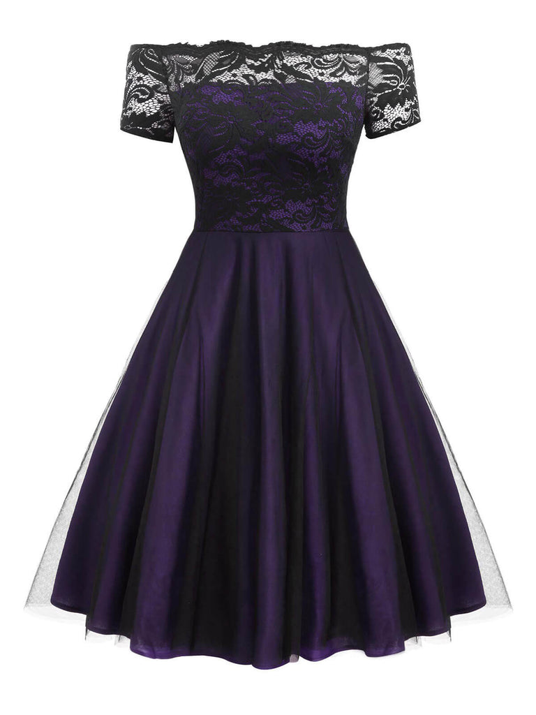 GROSS 1950ER SPITZE SCHULTERFREI BLUMEN SWING KLEID