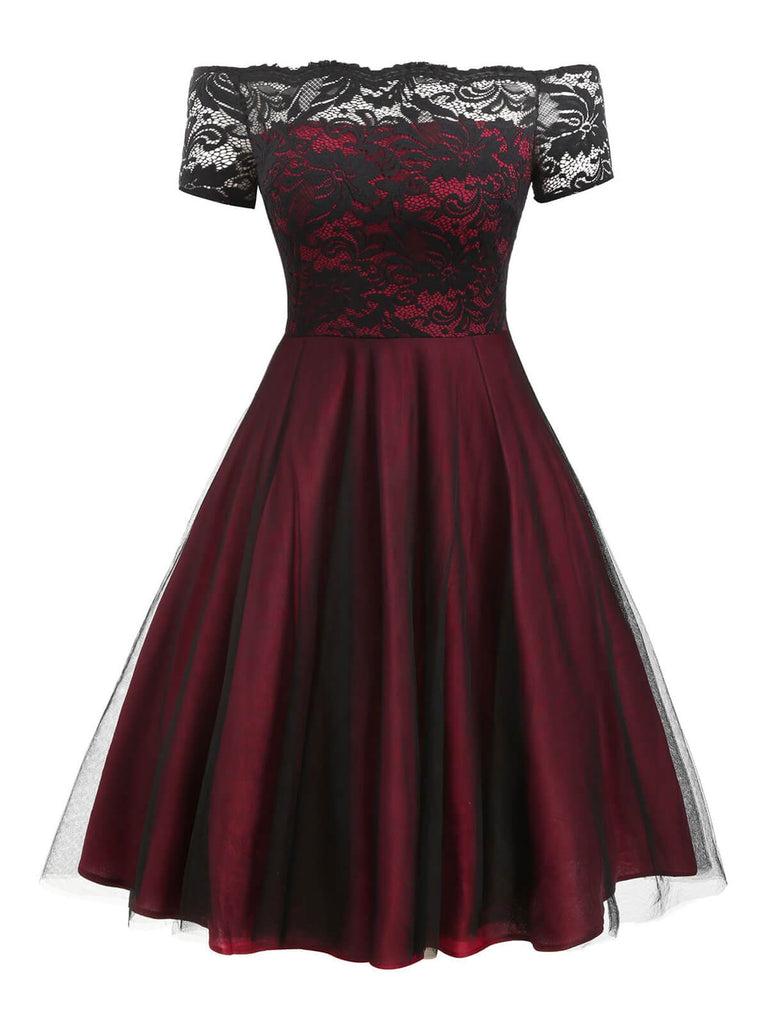 GROSS 1950ER SPITZE SCHULTERFREI BLUMEN SWING KLEID