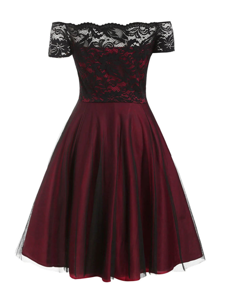 GROSS 1950ER SPITZE SCHULTERFREI BLUMEN SWING KLEID