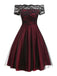 Weinrot 1950ER SCHULTERFREI SPITZE SWING BLUMEN KLEID