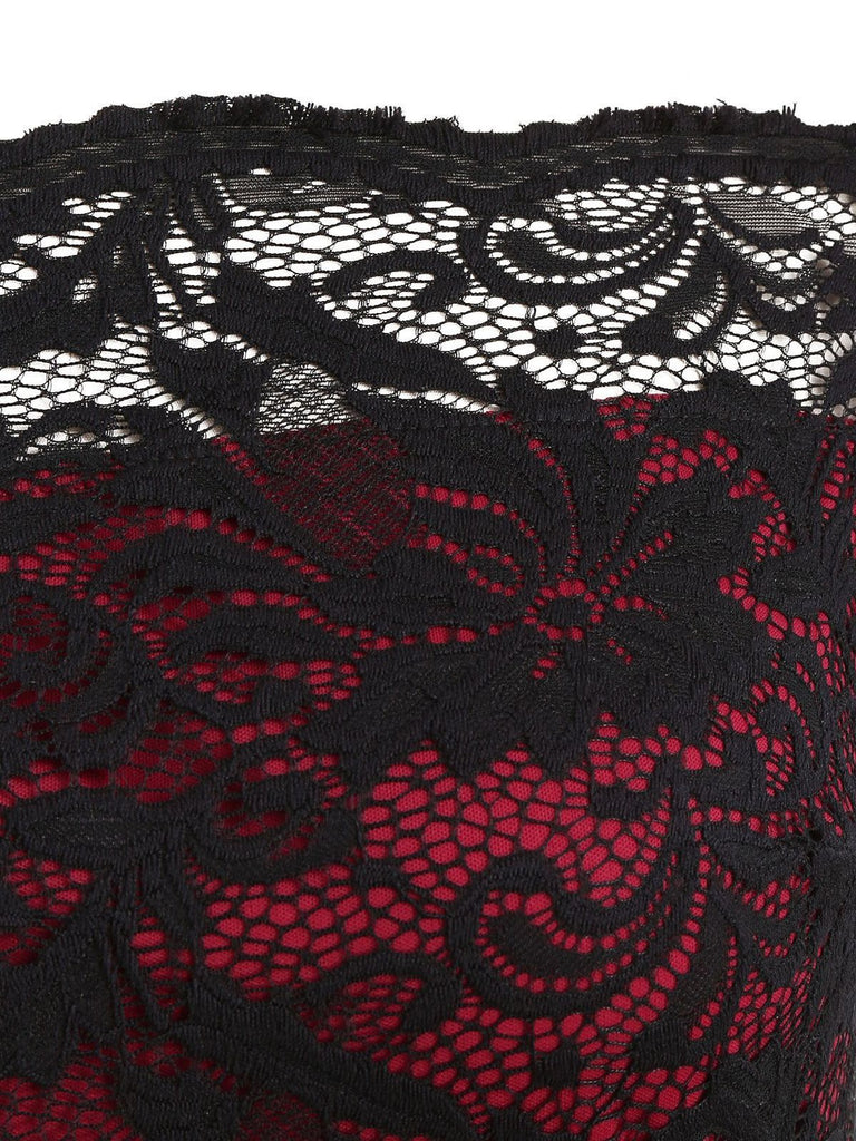 Weinrot 1950ER SCHULTERFREI SPITZE SWING BLUMEN KLEID