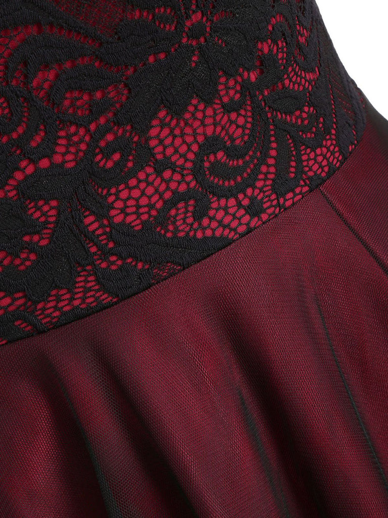 Weinrot 1950ER SCHULTERFREI SPITZE SWING BLUMEN KLEID