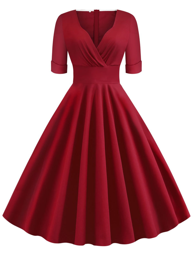 Weinrot 1950ER HOHE TAILLE V-AUSSCHNITT SWING KLEID