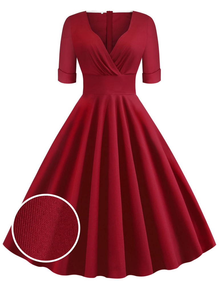 Weinrot 1950ER HOHE TAILLE V-AUSSCHNITT SWING KLEID
