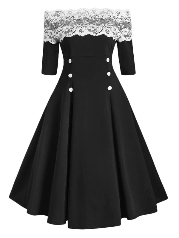 1950ER SCHULTERFREI SPITZE HALBE ÄRMEL KLEID