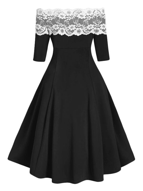 1950ER SCHULTERFREI SPITZE HALBE ÄRMEL KLEID