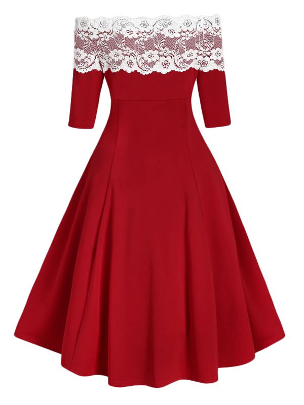 1950ER SCHULTERFREI SPITZE HALBE ÄRMEL KLEID