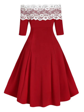 1950ER SCHULTERFREI SPITZE HALBE ÄRMEL KLEID