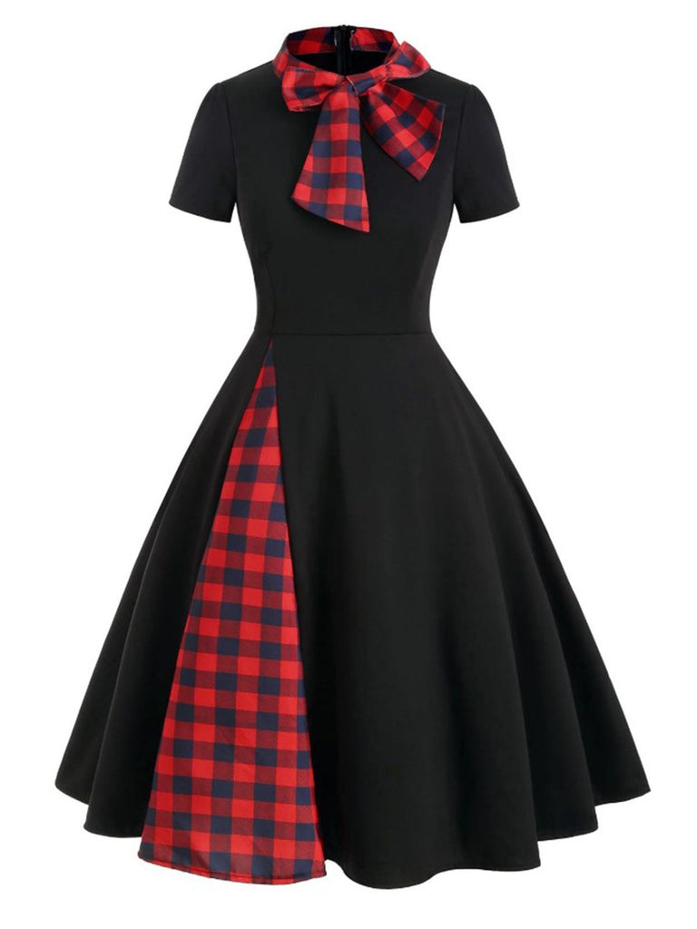 1950ER PLAID BOW PATCHWORK SWING KLEID