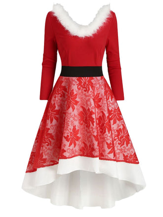 Rot 1950er Weihnachten Spitze Patchwork Blumen Pelzig Kleid