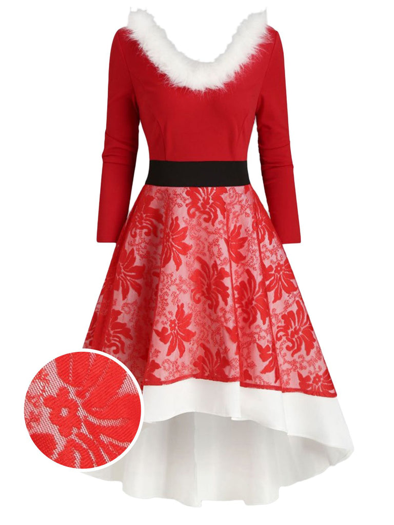 Rot 1950er Weihnachten Spitze Patchwork Blumen Pelzig Kleid