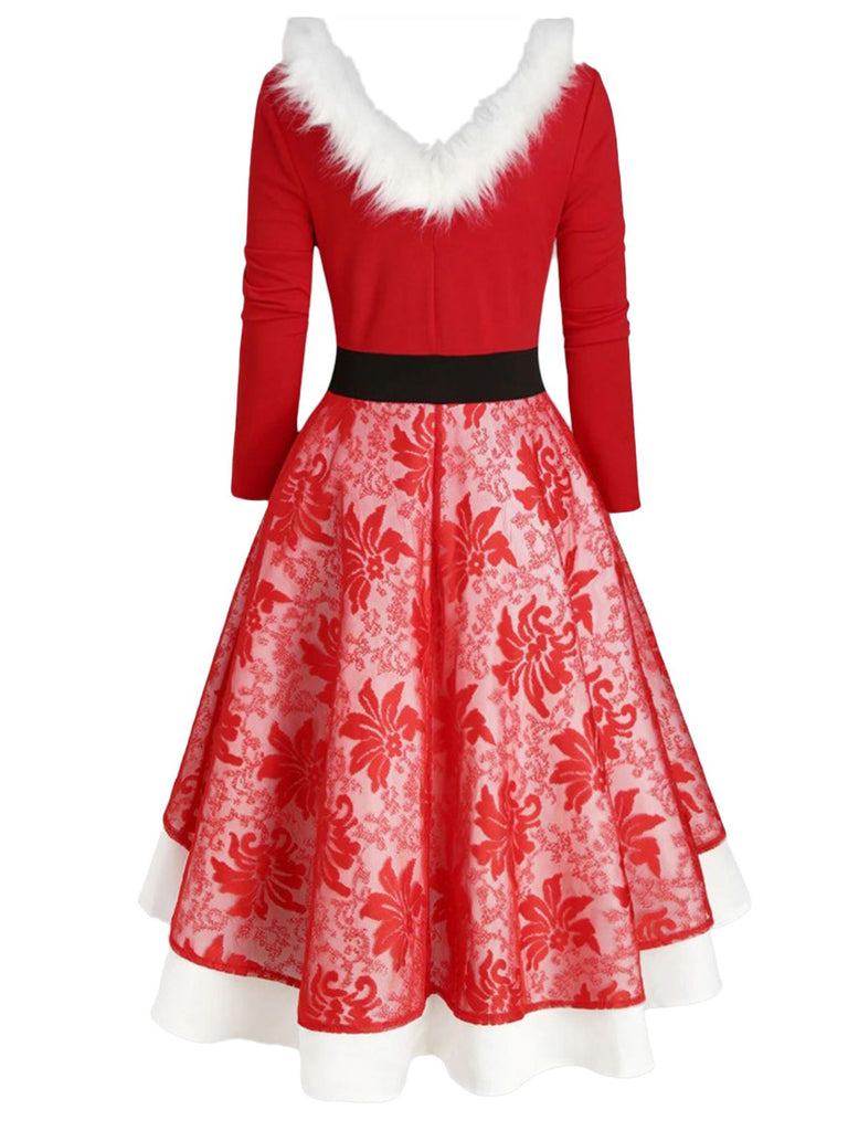 Rot 1950er Weihnachten Spitze Patchwork Blumen Pelzig Kleid