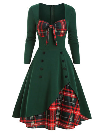 1950ER LANGE ÄRMEL PATCHWORK PLAID KLEID