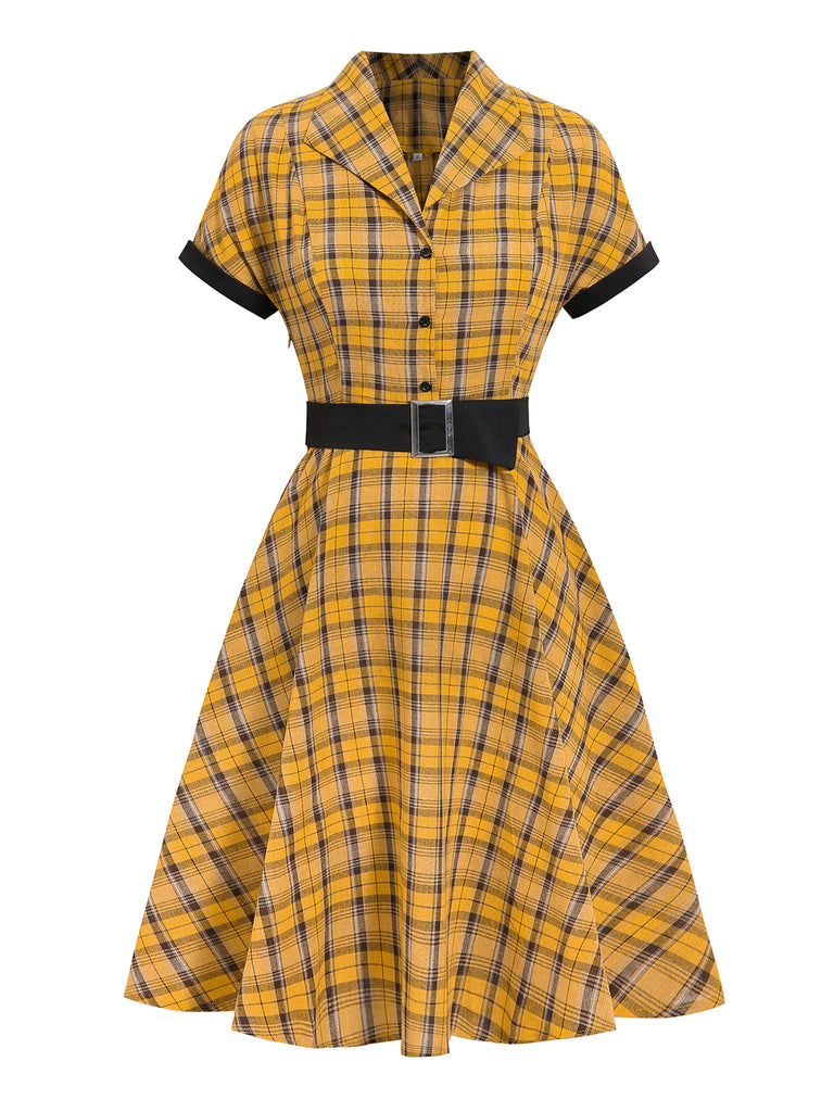 GELB 1950ER PLAID GÜRTEL BLUSE KLEID